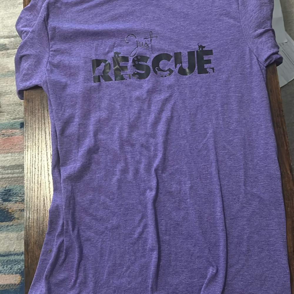 Handmade just rescue shirt featuring cats purple and medium